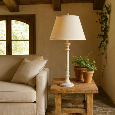 Wyld Haus Collonges Slim Pillar Wooden Table Lamp With Cream Linen Shade from B&Q