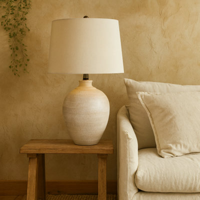 Wyld Haus Provence Cream Chevron Ceramic Table Lamp With Linen Shade from B&Q