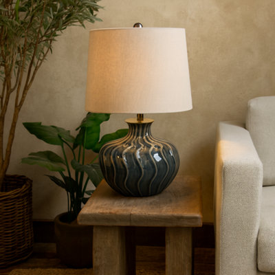 Wyld Haus Conques Ribbed Ceramic Table Lamp With Cream Linen Shade from B&Q