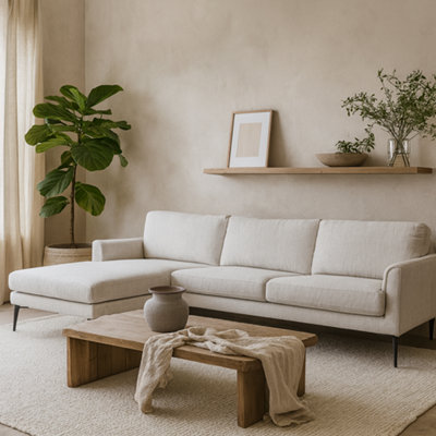 Wyld Haus Nashville L-Shaped White Upholstered Three-Seater Corner Sofa With Chaise And Black Metal Legs from B&Q