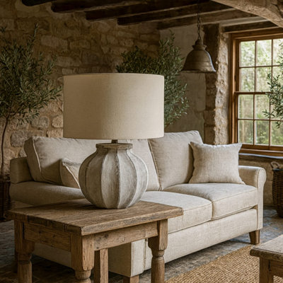 B&Q -  Bari Antique Grey Stone Effect Table Lamp With Natural Linen Shade