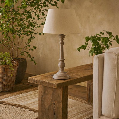 Wyld Haus Turin Tall Distressed Grey Wooden Table Lamp With Cream Linen Shade from B&Q