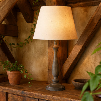 Wyld Haus Naples Farmhouse Rustic Grey Wooden Table Lamp With Cream Linen Shade from B&Q