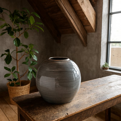 Wyld Haus Bloomwood Grey Glazed Round Ceramic Vase Crackle Effect from B&Q