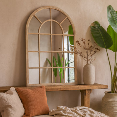 Wyld Haus Large Natural Industrial Arched Wooden Windowpane Mirror from B&Q