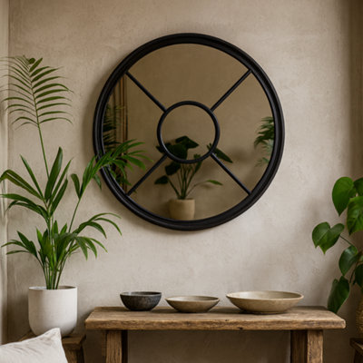 Wyld Haus Large Black Industrial Round Wooden Windowpane Mirror 1000mm from B&Q