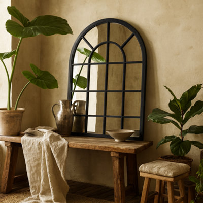 Wyld Haus Large Black Industrial Arched Wooden Windowpane Mirror 1350 X 900 mm from B&Q