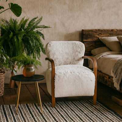 Wyld Haus Luna Accent Armchair In Natural Faux Shearling With Walnut Arms from B&Q
