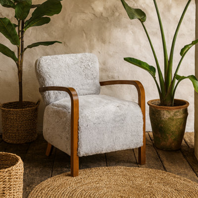 Wyld Haus Luna Cosy Grey Faux Shearling Armchair With Curved Walnut Arms from B&Q