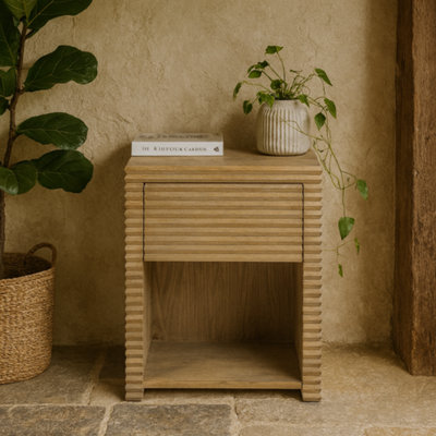 Wyld Haus Mandarina Weathered Oak Ribbed Bedside Table 1 Drawer from B&Q
