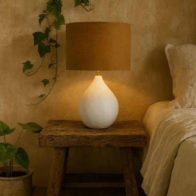 Wyld Haus Long Island Small Round White Bamboo Table Lamp With Ochre Shade from B&Q