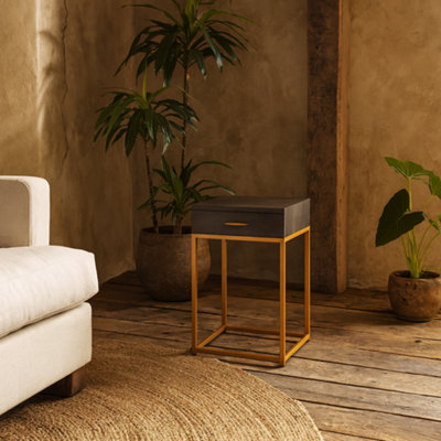 Wyld Haus Mandalo Brown Shagreen & Brass 1-Drawer Side Table from B&Q