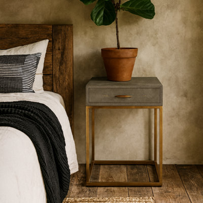 Wyld Haus Mandalo Taupe Shagreen One-Drawer Side Table With Brushed Brass Frame from B&Q