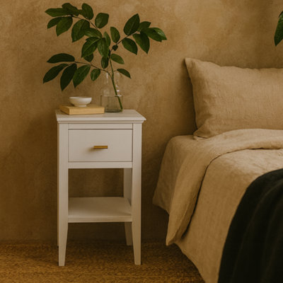 Wyld Haus Emma Mist Grey Wood Grain 1-Drawer Bedside Table from B&Q
