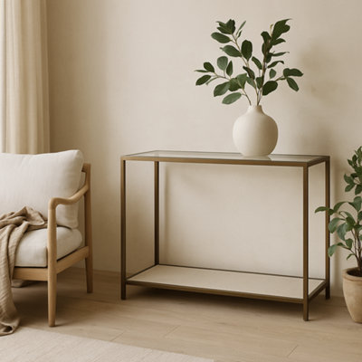 Wyld Haus Aracaju Ivory Shagreen And Brass Glass Top Console Table from B&Q