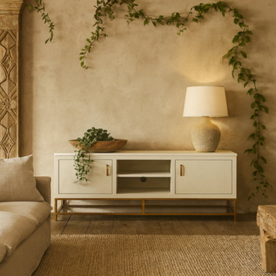 Wyld Haus Curitiba Cream Shagreen 2-Door Tv Unit With Brushed Brass Base from B&Q