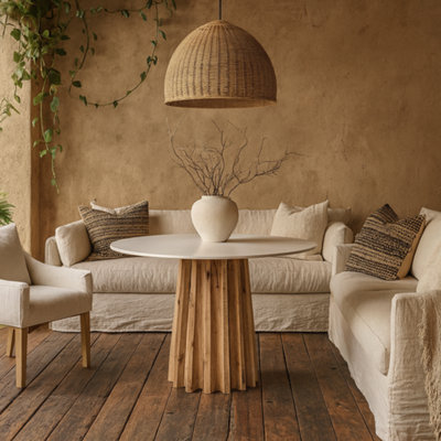 Wyld Haus Parnaiba Round Dining TableWhite Top And Natural Fluted Base1200mm from B&Q