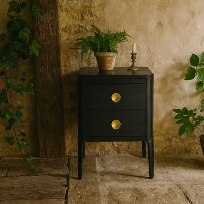 Wyld Haus Bologna Black Oak Bedside Table With Brass Handles And Two Drawers from B&Q