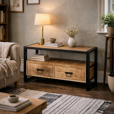 Wyld Haus Toivakka Industrial Reclaimed Wood Tv Unit With Iron Edging And 2 Drawers from B&Q