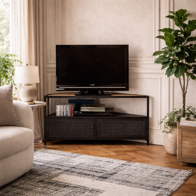 Wyld Haus Oulu Small Industrial Reclaimed Wood And Metal Corner Tv Unit 2 Doors