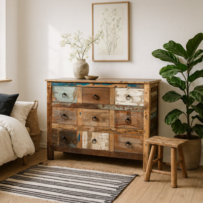 Wyld Haus Seattle Reclaimed Wood 9 Drawer Chest Coastal Rustic Wide from B&Q