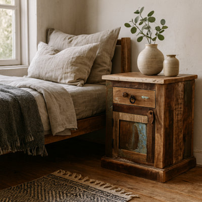 Wyld Haus Seattle Reclaimed Wood Bedside Table 1 Drawer 1 Door Rustic Coastal from B&Q