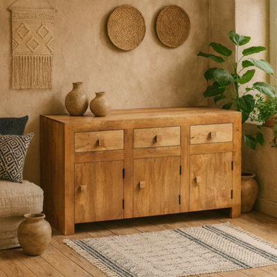 Wyld Haus Manila Light Mango Wood Large Sideboard 3 Drawers 3 Doors from B&Q