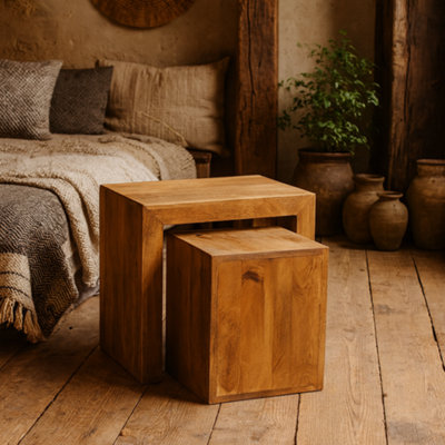 Wyld Haus Manila Set Of 2 Light Mango Wood Cube Nesting Tables from B&Q