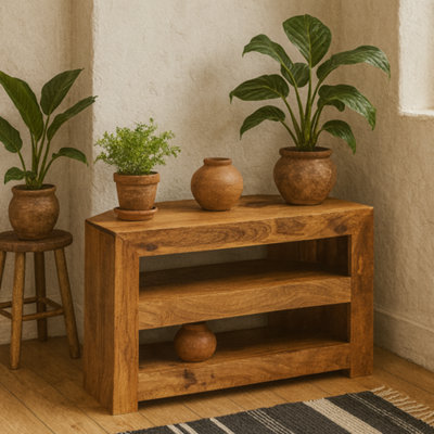 Wyld Haus Manila Light Mango Wood Corner Tv Unit With Open Two Shelves from B&Q