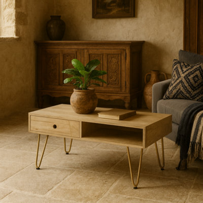 Wyld Haus Bali Mango Wood Coffee Table Light Natural With Gold Inlay1 Drawer & Open Shelf from B&Q
