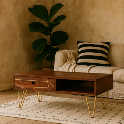 Wyld Haus Bandung Dark Mango Wood And Gold Rectangular Coffee Table 1 Drawer 1 Open Shelf from B&Q