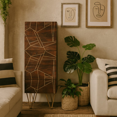 Wyld Haus Bandung Tall Chest Of 5 Drawers In Dark Mango Wood With Gold Inlay from B&Q