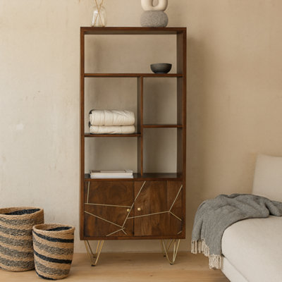 Wyld Haus Bandung Dark Mango Wood & Gold Large Bookcase 2 Doors 5 Shelves from B&Q