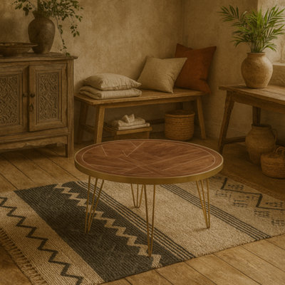 Wyld Haus Bandung Dark Mango Wood And Gold Round Dining Table from B&Q