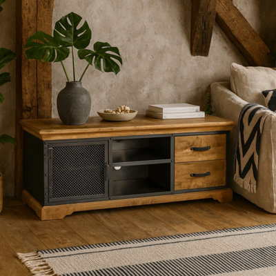 B&Q -  Albatross Mango Wood & Metal Tv Media Unit 1 Door 2 Drawers 1400mm