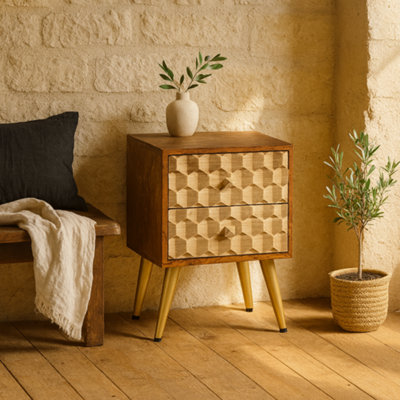 Wyld Haus Shenzhen Mango Wood Side Table2 DrawersGold Geometric Pattern from B&Q