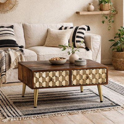 Wyld Haus Beijing Mango Wood Coffee Table2 DrawersGold Geometric Pattern from B&Q