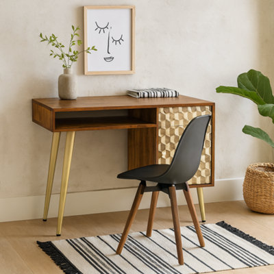 Wyld Haus Beijing Mango Wood Desk 1 Drawer 1 Door Gold Geometric Pattern from B&Q