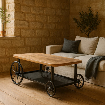 Wyld Haus Shanghai Industrial Oak And Matte Black Coffee Table With Mesh Shelf And Oversized Wheels from B&Q