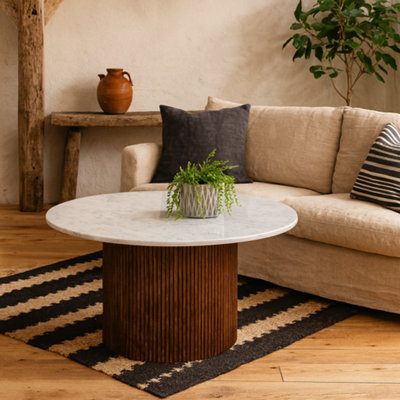 Wyld Haus Alabama Ribbed Mango Wood Coffee Table With Marble Top800mm Round from B&Q
