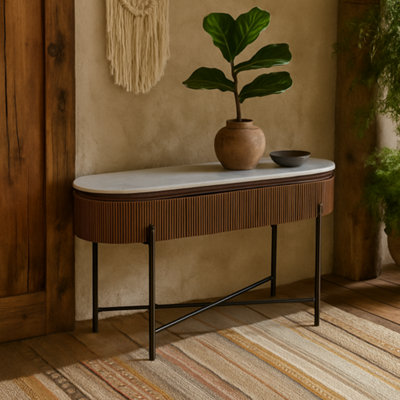 Wyld Haus Alabama Ribbed Mango Wood Console Table With Marble Top And Metal Legs from B&Q
