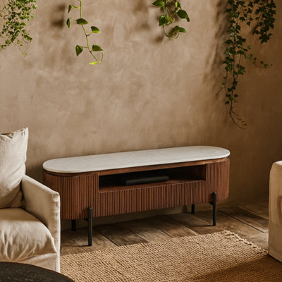 Wyld Haus Alabama Ribbed Mango Wood Tv Cabinet With Marble Top And Black Metal LegsFreestanding 1400mm W from B&Q