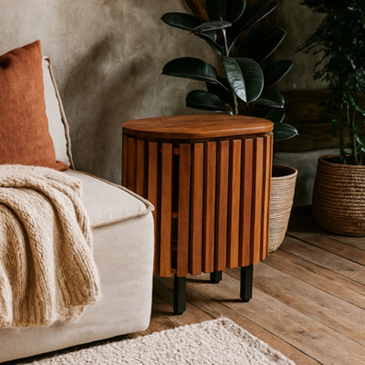 Wyld Haus Birmingham Slatted Mango Wood Bedside Table With Black Legs from B&Q