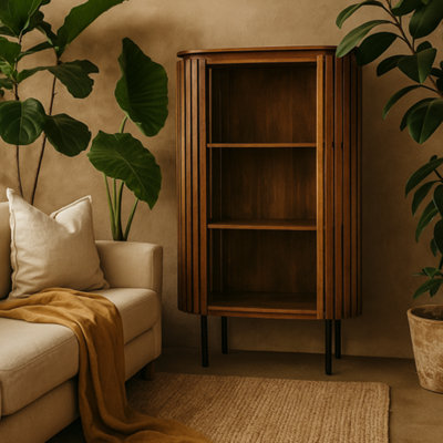 Wyld Haus Birmingham Slatted Mango Wood Bookcase With Curved Frame from B&Q