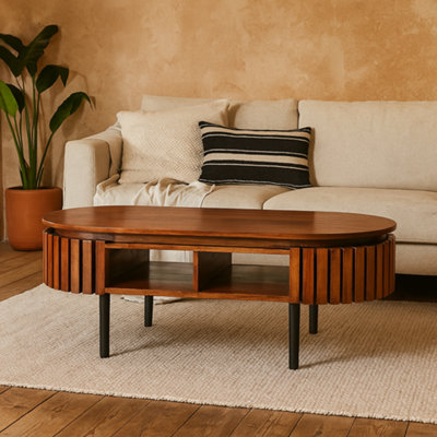 Wyld Haus Birmingham Slatted Mango Wood Rectangular Coffee Table With Storage Shelf from B&Q