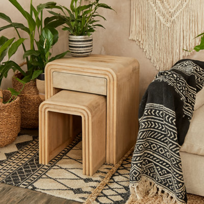 Wyld Haus Arizona Set Of 2 Mango Wood Nesting Tables With DrawerCarved Fluted Design from B&Q