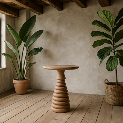 Wyld Haus Chicago Carved Natural Mango Wood Side Table With Spiral Base from B&Q