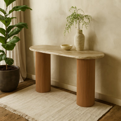 Wyld Haus Boston Natural Oak And Brown Marble Pedestal Console Table from B&Q
