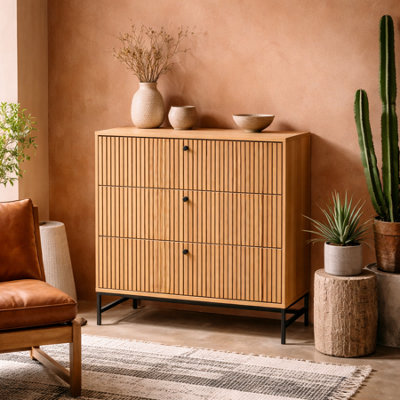 Wyld Haus Bjork Wide 3-Drawer Chest In Natural Oak Effect With Matt Black Base from B&Q