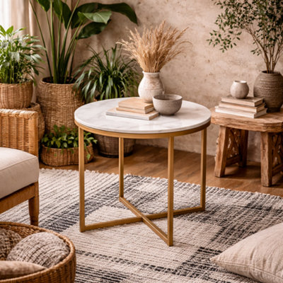 Wyld Haus Vodskov White Marble-Effect Round Side Table With Gold Legs from B&Q